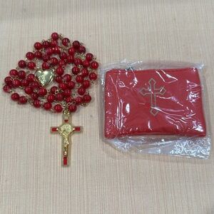 Our Lady of Grace heart locket red rosary St Benedict Enamel Crucifix and case